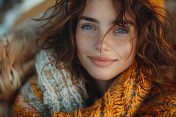 Wall Mural - Close-up of a young red-haired woman with freckles dressed warmly embracing autumn's colors