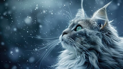 Wall Mural - Pet Photography, Majestic Grey Cat with Whiskers in Snowy Setting