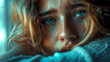 © Kholoud - Blonde woman blue eyes look sad in her room