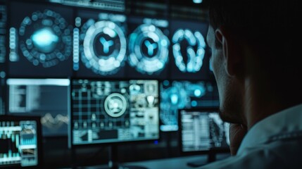 Poster - Man Sitting in Front of Multiple Computer Monitors