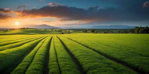 Green summer grass field with mountains, cloudy sky