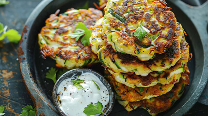 zucchini fritters with fresh cream topping