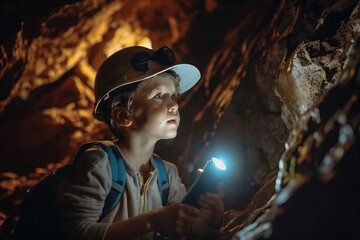 Young Boy Exploring a Dark Cave with a Flashlight