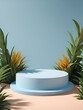 Blue  background podium product platform for nature beauty cosmetic stage scene. Abstract rock podium pedestal mockup with green leaf shadow. Photography showcase fresh banner.