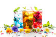 Refreshing cold beverage in glass cup with flowers and ice set on white background. Spring or summer drink, cocktail, lemonade or juice