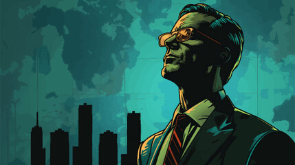 businessman in glasses, looking up confidently against a stylized city skyline backdrop. Generative ai vector illustration. Pop art comic book style imitation. 