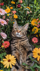 Wall Mural - birds view on a tiger cat in a flower field