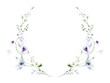 Watercolor painted floral round frame on white background. Violet, blue wild flowers, green branches, leaves.