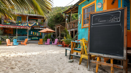 Eine bunte Bar am Strand mit Stühlen und Liegen davor, ein großes Schild am Eingang, Querformat