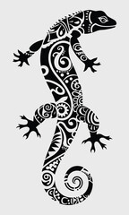 Wall Mural - Black and white gecko, lizard tattoo vector illustration  isolated on white background. Maori Polynesian style design. 