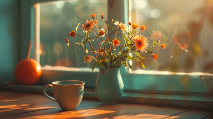 Wall Mural - A vase of flowers sits on a table next to a cup