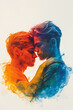 Zwei junge Männer umarmen sich, Halbprofil in Regenbogen-Farben, Illustration, Vekorgrafik