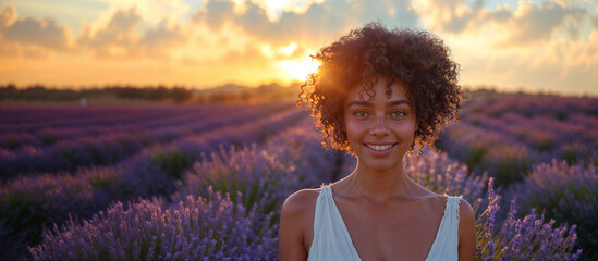 Wall Mural - Bella donna di origini africane con capelli ricci in un campo di lavanda della Francia meridionale durante una vacanza vestita con un abito di lino bianco