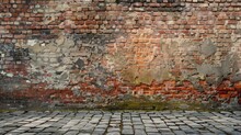 Aged Brick Wall And Cobblestone Pathway, A Textured Background Showcasing The Passage Of Time And Urban History