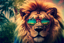 Portrait Of A Lion In Sunglasses On The Background Of A Tropical Beach. AI Generated.