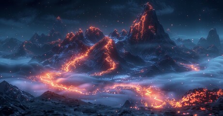 Wall Mural - A mountain range with a lava flow and a city in the distance