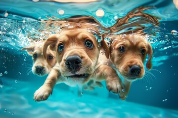 Wall Mural - Three dogs are swimming in a pool. Summer heat concept, background