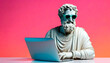© KamimiArt - Greek statue smiling wear sunglasses working on laptop