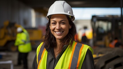 portrait of smiling female engineer on site wearing hard hat, high vis vest, and ppe