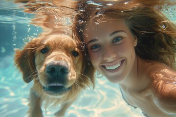 Wall Mural - A woman and her dog are in a pool, with the woman smiling. Summer heat concept, background