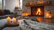 Cozy Minimalist Hearth with Candles and Comfort. Concept Interior Design, Cozy Atmosphere, Relaxing Environment, Warmth, Candle Decor