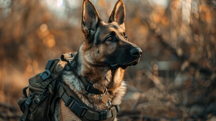 Wall Mural - King shepherd dog with backpack in woods, a carnivore and terrestrial animal