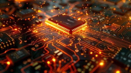 Fototapete - Close-Up of Illuminated Microchip Circuitry