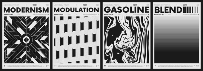Aufkleber - Modern abstract poster collection, vector minimalist posters with geometric shapes in black and white, brutalist style inspired graphics, bold aesthetic, shape distortion effect set 7