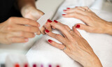 Fototapeta Paryż - Skilled young manicurist providing professional manicure for aged female client, carefully shaping and buffing nails. Concept of feminity, grooming, pampering and self-care. Cropped shot ..