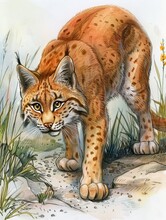 A Frisky Young Bobcat Crouches, Ready To Pounce, Its Spotted Fur Detailed And Vibrant , Watercolor Illustration, Isolated On White Background,