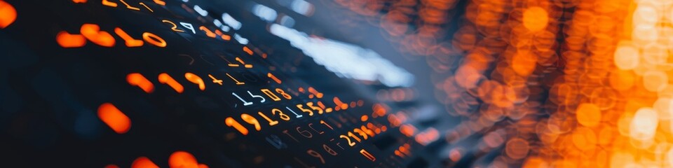 Abstract binary code on dark background with bright orange light leaks on the right side. A futuristic abstract background featuring binary code patterns with vibrant orange light leaks on a dark back