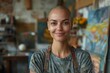 A bald and smiling woman portrayed in a creatively decorated workspace, exuding confidence