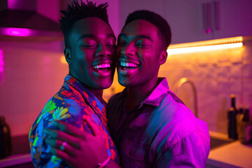 Gay couple enjoying a romantic moment, an intimate and loving celebration of LGBTQ+ relationships.