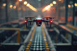 Drone quadcopter with digital camera flying over a conveyer belt