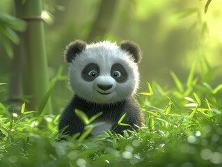 a serene cartoon panda surrounded by bamboo against a tranquil green backdrop, perfect for highlight