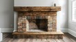 Rustic Reclaimed Brick Fireplace with Wooden Mantel. Concept Fireplace Decor, Rustic Design, Brick Mantel, Reclaimed Wood, Cozy Ambiance