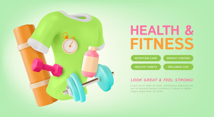 Poster - 3d Health and Fitness Ads Banner Concept Poster Card Vitamin Protein Supplement Container, Dumbbell and Yoga Mat. Vector illustration of Training Equipment