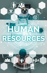 Wall Mural - Human Resources Recruitment and People Networking Concept. Modern graphic interface showing professional employee hiring and headhunter seeking interview candidate for future manpower. uds