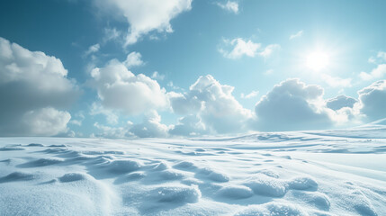 Canvas Print - A snowy field with a bright blue sky and clouds