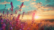 Closeup of a sunset beauty over a lavender field with blue sky and clouds landscape, agricultural background