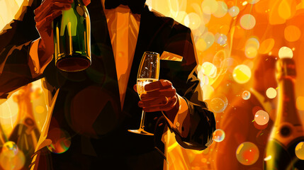 Sophisticated illustration of a person in formal attire gracefully sabering a champagne bottle at a special event. Pay attention to the reflections on the glass and the shimmering bubbles, emphasizing