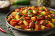 delicious sweet and sour chicken with colorful bell peppers, pineapple chunks, garnished with sesame seeds and green onions on a plate