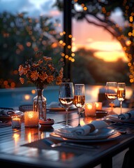 Wall Mural - A luxurious dinner table in a pleasant atmosphere. The beautiful scenery makes for a wonderful night. Images like this are often used to post on social media, write blogs or set as wallpaper.