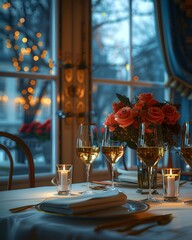 Wall Mural - A luxurious dinner table in a pleasant atmosphere. The beautiful scenery makes for a wonderful night. Images like this are often used to post on social media, write blogs or set as wallpaper.