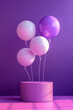 3D render Minimalist scene purple round podium, textured concrete Single white balloon with black text Celebrate Pink and purple gradient background Focuses on style, text