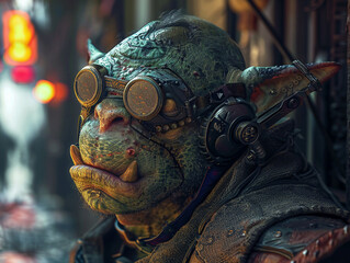 CloseUp Portrait Orc Bounty Hunter Orc with cybernetic eyepatch and jaw implant scans a holographic bounty poster from a wrist communicator in a dark alleyway , High detail, High resolution,