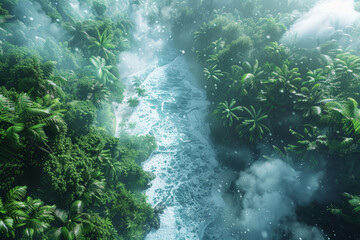 Sticker - The intersection of a blizzard and a tropical rainforest, depicting the collision of freezing snow and lush vegetation. Concept of contrasting climate zones. Generative Ai.