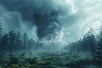 Wall Mural - The meeting point of a tornado and a forested area, depicting the collision of destructive winds and wooded landscapes. Concept of tornado damage to natural habitats. Generative Ai.