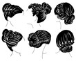 Set of silhouettes of women's hairstyles with bun and braids, stylish styling with high, medium and low buns