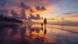 Man and Loyal Dog Share a Peaceful Walk Along a Deserted Beach Under a Canvas of Twilight Hues